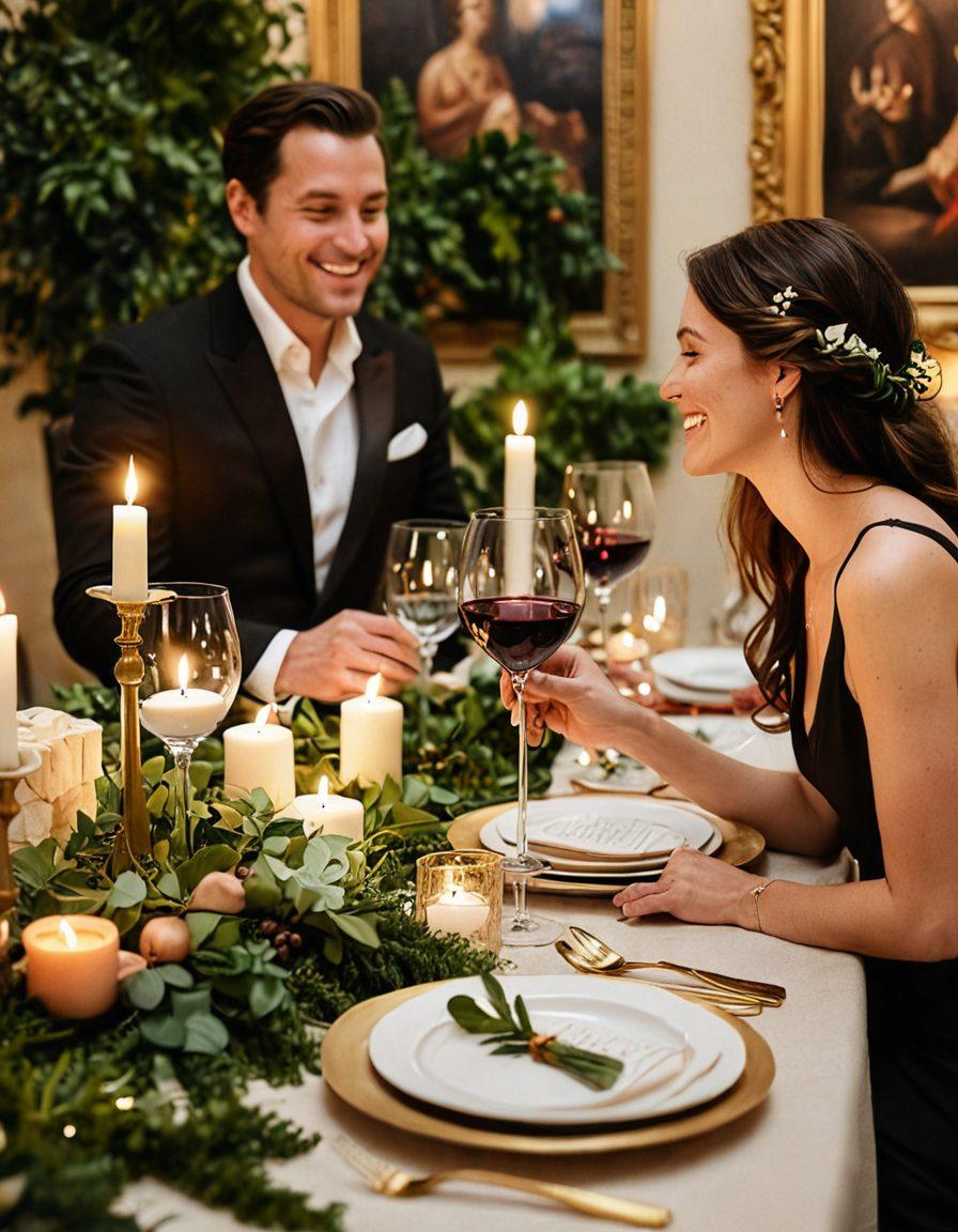 A cozy, intimate setting showcasing a beautifully arranged dinner table with soft candlelight, containing delicious food and elegant wine glasses. In the background, a couple laughing and toasting, surrounded by lush, romantic greenery. Subtle hints of artful decor like sculptures and paintings celebrating love and passion. Warm, inviting color palette to evoke feelings of romance and connection. 3D, vibrant colors.
