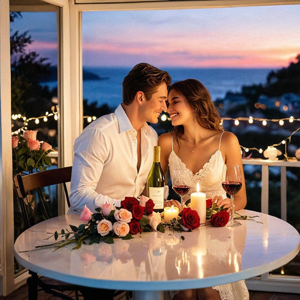 A romantic evening scene featuring a beautifully set table with candles, roses, and a bottle of wine, surrounded by a soft glow of fairy lights. In the background, a couple sharing a joyful moment, embracing and smiling at each other, with a dreamy sunset illuminating the horizon. The atmosphere should be warm and inviting, celebrating romance and intimacy. watercolors. soft pastel colors. dreamy ambiance.