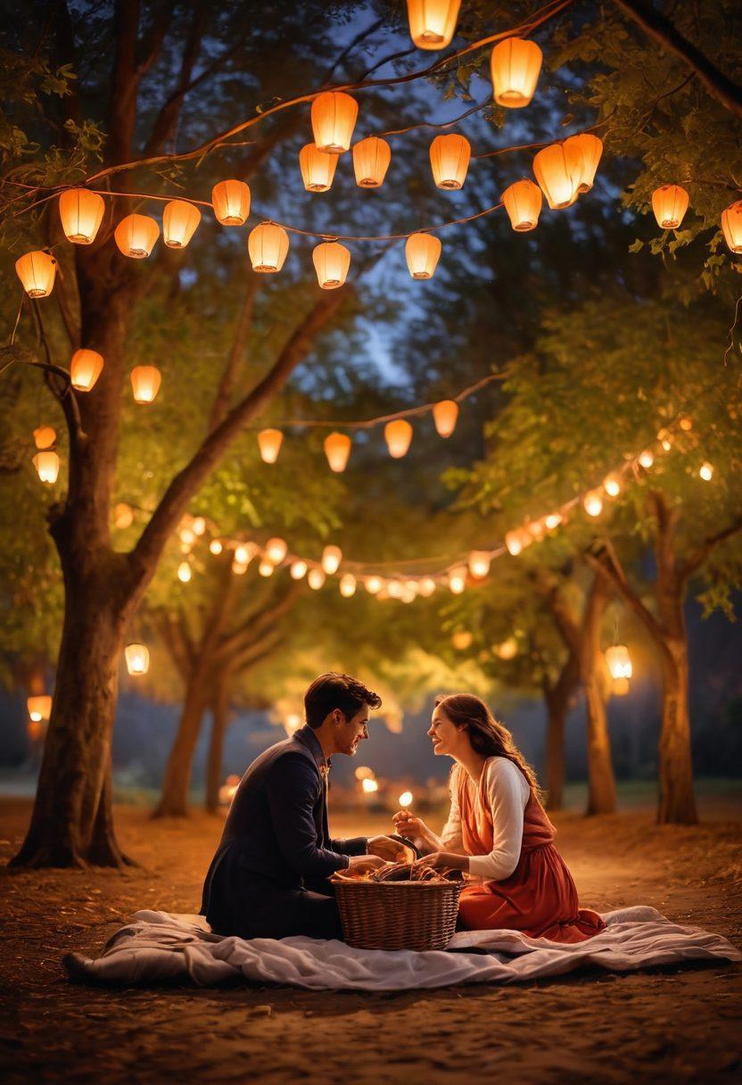 A couple sharing an intimate moment under a starlit sky, surrounded by glowing lanterns that symbolize romance and connection. Their expressions highlight joy and curiosity, while soft shadows create an inviting atmosphere. Subtle elements of adventure like a picnic basket and a hidden path nearby add excitement to the scene. The background features softly blurred trees and a warm color palette, evoking feelings of love and pleasure. dreamy, romantic, vibrant colors.